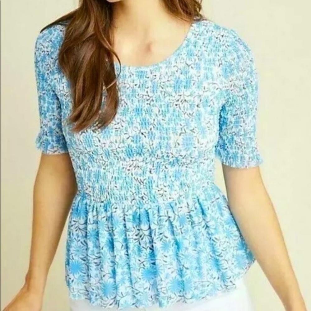 Anthropologie Maeve Ashton Smocked Peplum Lightweight Stretch Floral Blouse Top